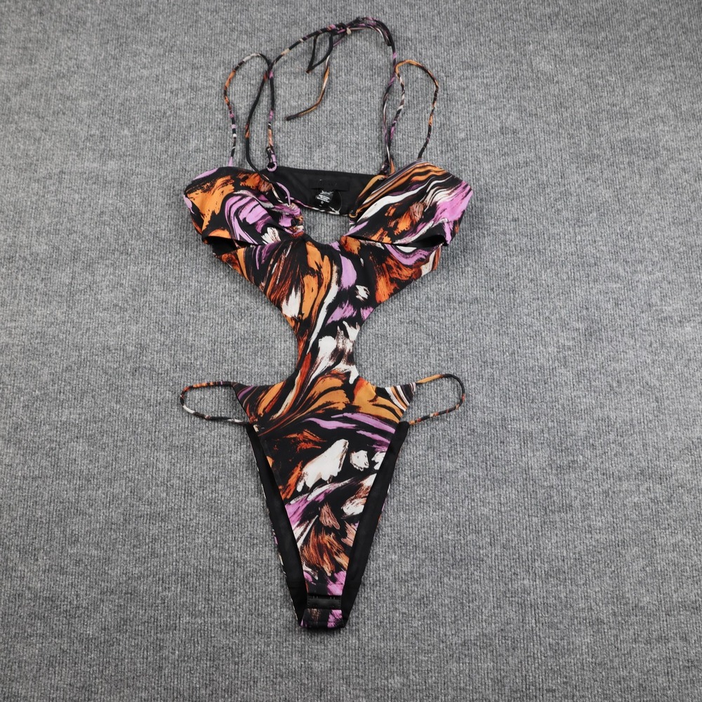h:ours Bodysuit Womens Small Black Purple Orange Marble Cutout Halter High Leg